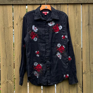 Vintage Guess Jeans Linen Button Down Black Shirt with Embroidery Men’s Small
